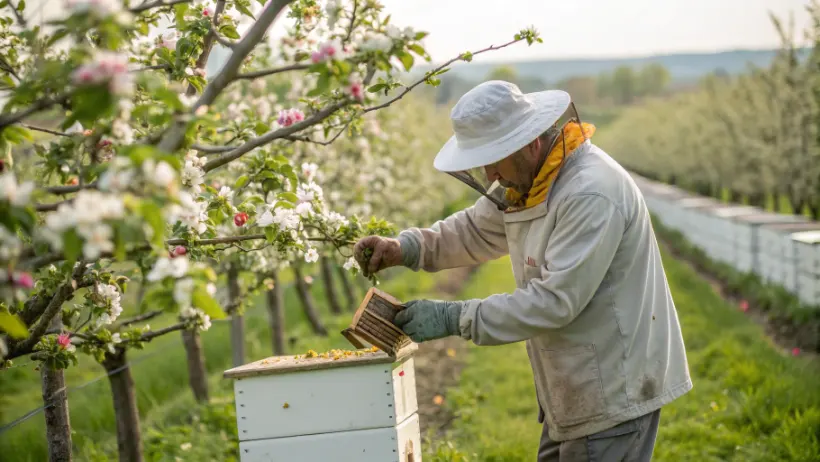 Apple breeder hand-pollinating a blossom in a spring orchard during a selective breeding trial