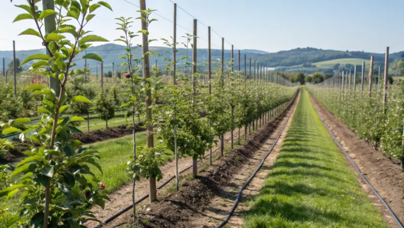 Long rows of young apple seedlings growing in a research nursery field under open sky, used in a breeding trial program