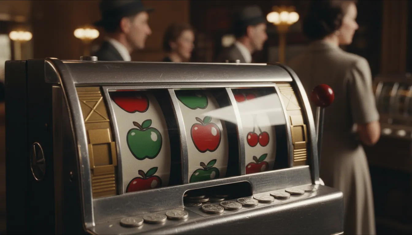 Vintage slot machine displaying apple symbols on the reels