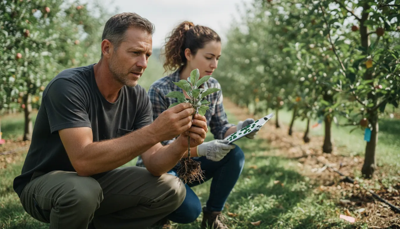 Apple breeder examining seedling selections in research orchard