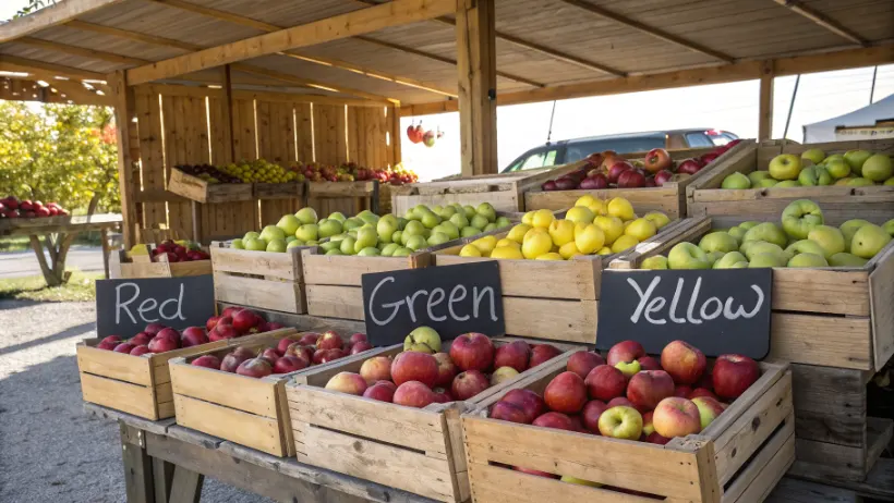 A wooden farmers market stall covered in crates of red, green, and yellow apples with handwritten variety signs