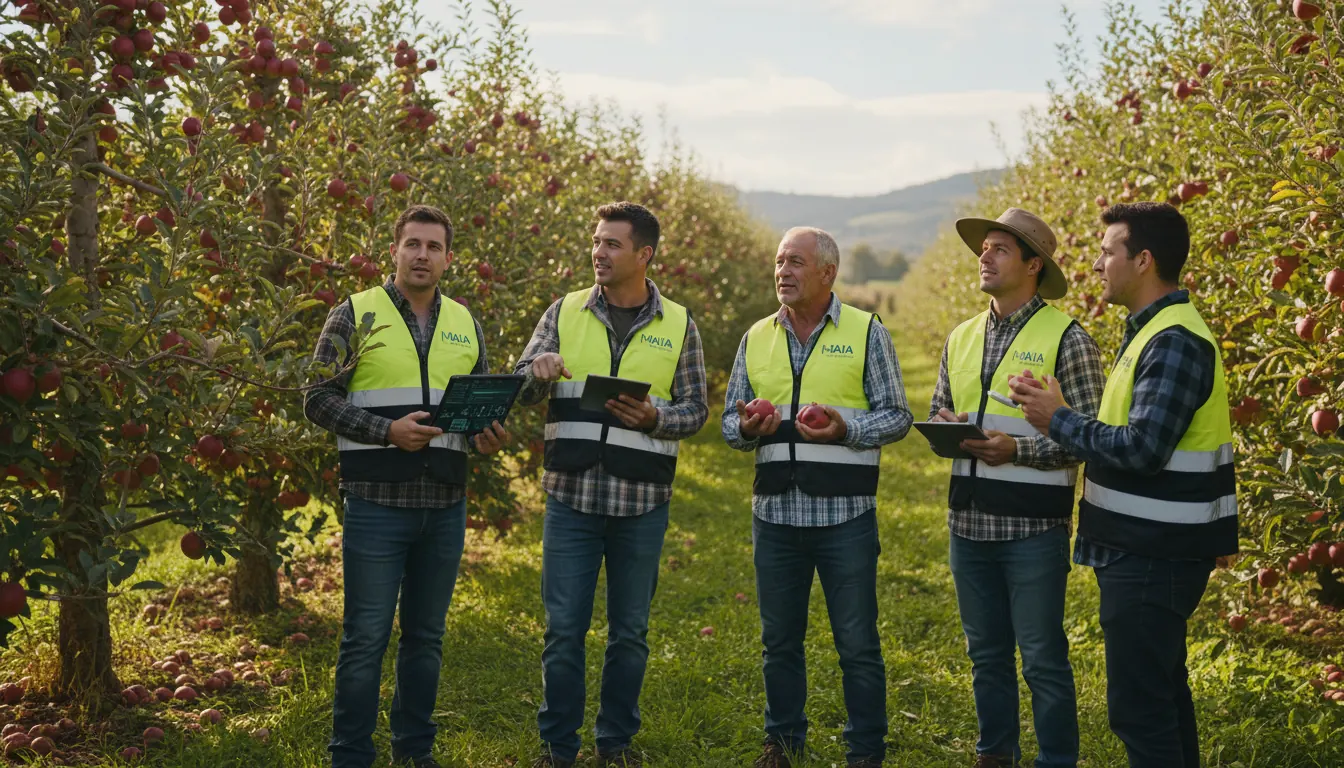 MAIA team members meeting with commercial growers in producing orchard to gather feedback