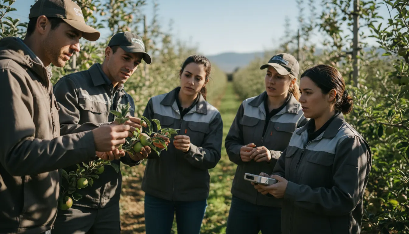 MAIA researchers and growers examining apple trees in test orchard