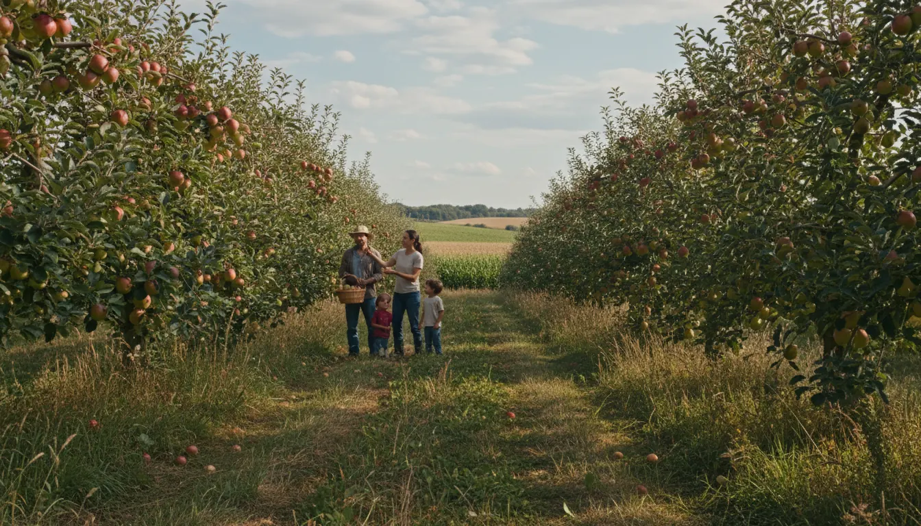 Apple orchard in Midwest showing trees adapted to regional growing conditions with fruit development