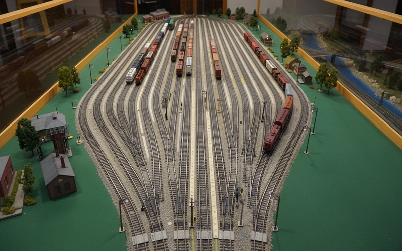 Overhead view of well-designed model railroad classification yard with proper track spacing