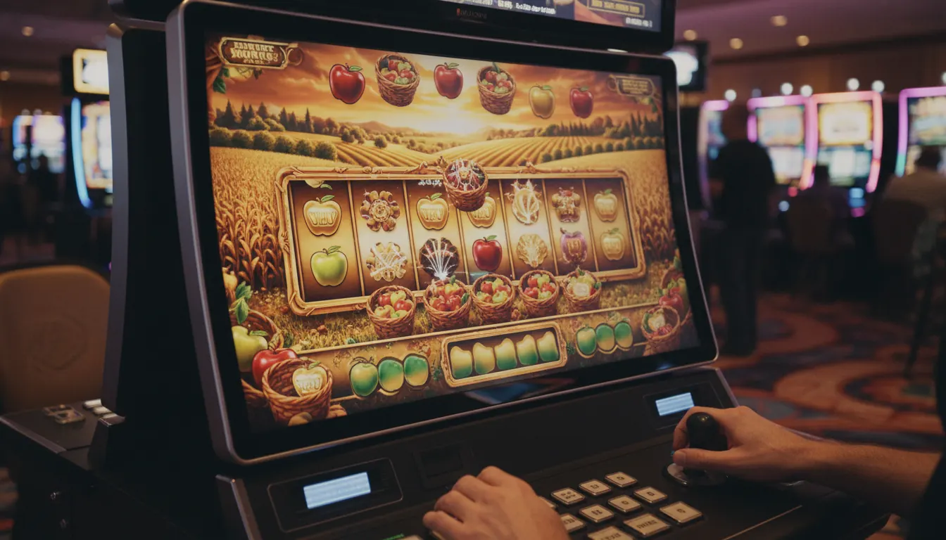 Contemporary video slot game screen featuring apple symbols in harvest-themed bonus round