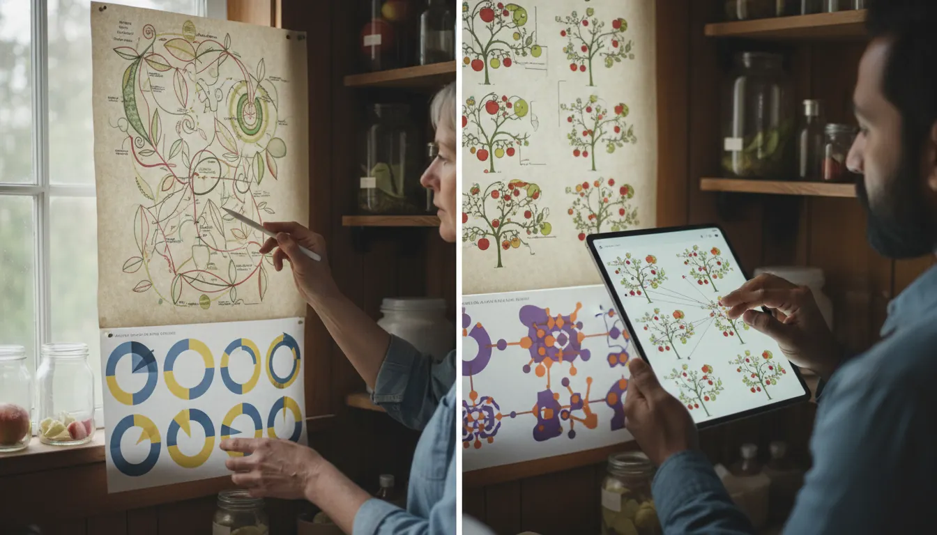 Split image showing apple breeding charts and probability calculations