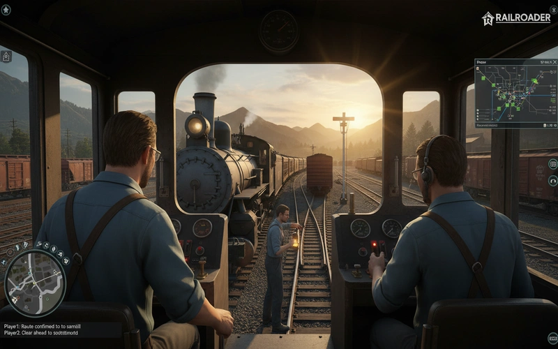 Multiple players coordinating train operations in Railroader multiplayer session