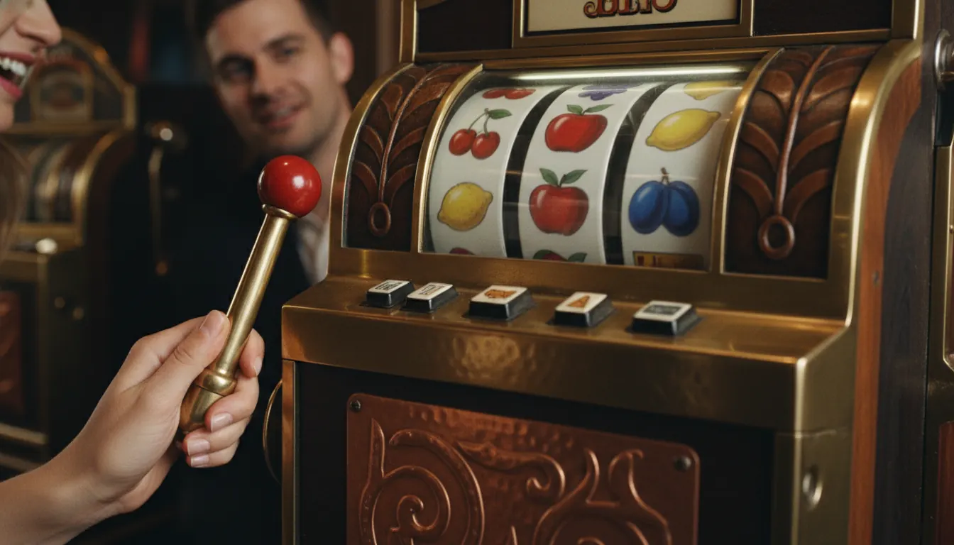 Antique slot machine displaying traditional fruit symbols including red apples on mechanical reels